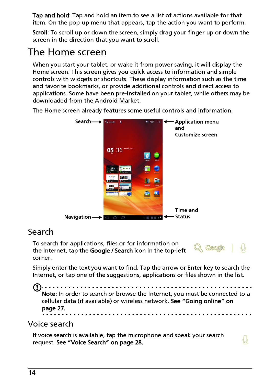 Acer HT.HAPAA.001, A100, HT.HAAAA.002 manual Home screen, Search, Voice search 