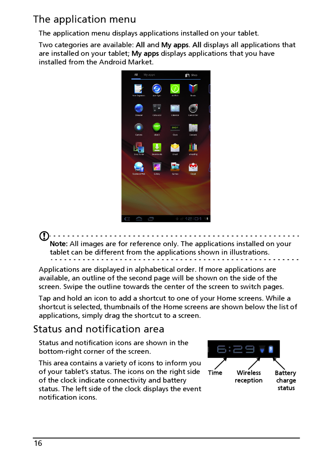 Acer A100, HT.HAPAA.001, HT.HAAAA.002 manual Application menu, Status and notification area 