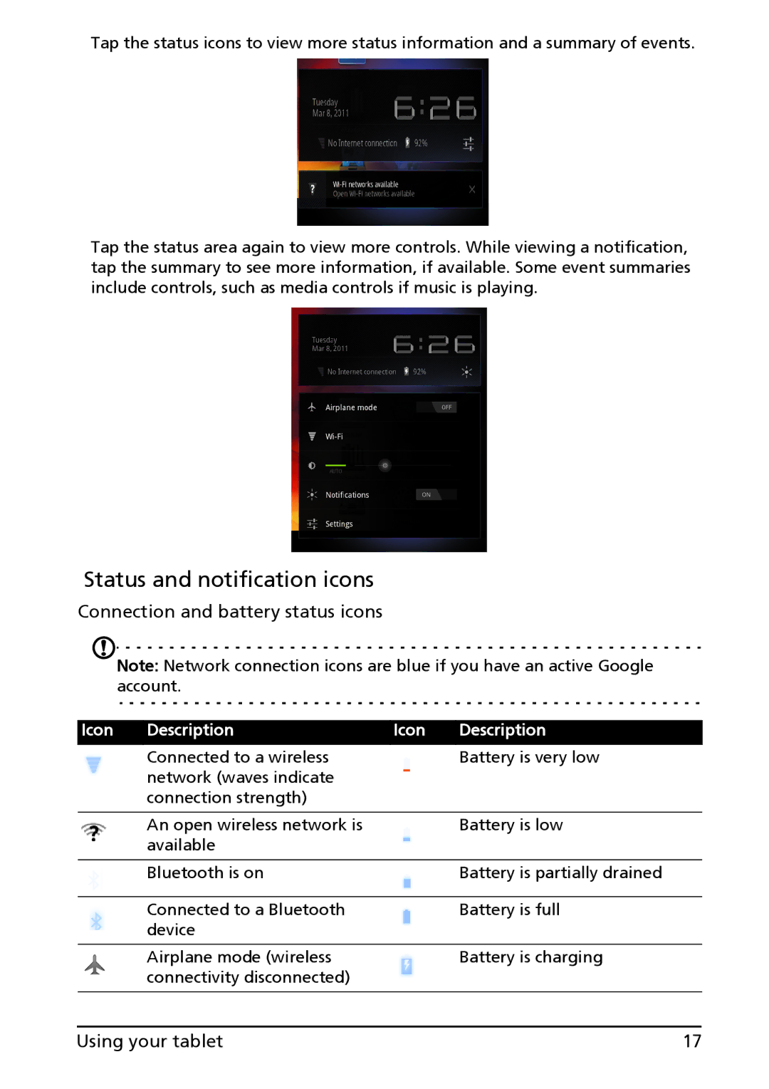 Acer HT.HAPAA.001, A100, HT.HAAAA.002 manual Status and notification icons, Connection and battery status icons 