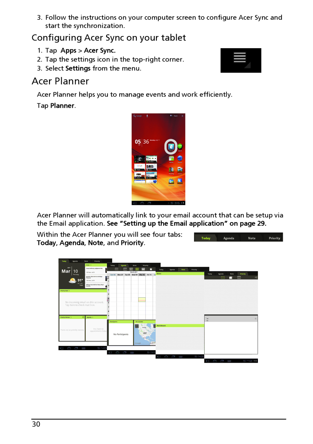 Acer HT.HAAAA.002, A100, HT.HAPAA.001 manual Acer Planner, Configuring Acer Sync on your tablet 