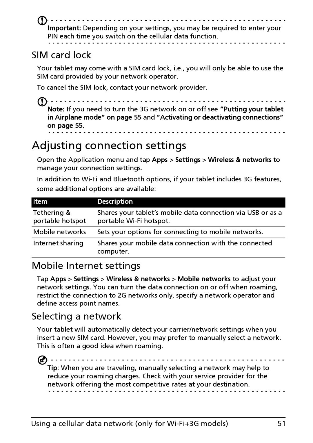 Acer HT.HAAAA.002, A100 manual Adjusting connection settings, SIM card lock, Mobile Internet settings, Selecting a network 