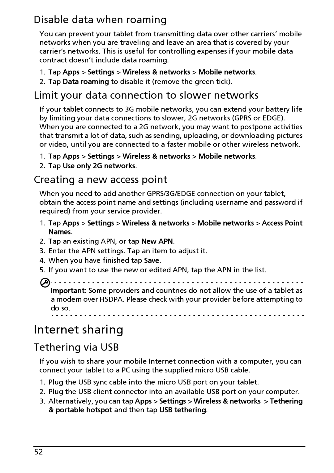 Acer A100 Internet sharing, Disable data when roaming, Limit your data connection to slower networks, Tethering via USB 