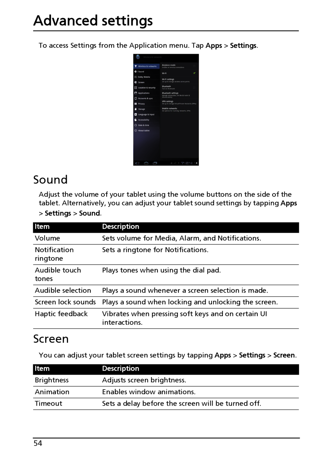 Acer HT.HAAAA.002, A100, HT.HAPAA.001 manual Advanced settings, Sound, Screen 