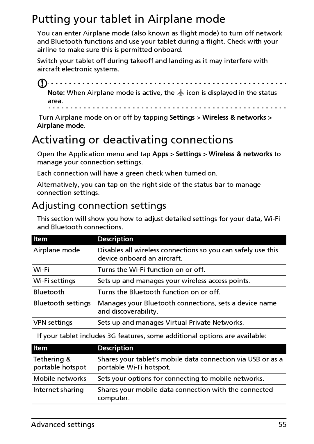 Acer A100 Putting your tablet in Airplane mode, Activating or deactivating connections, Adjusting connection settings 