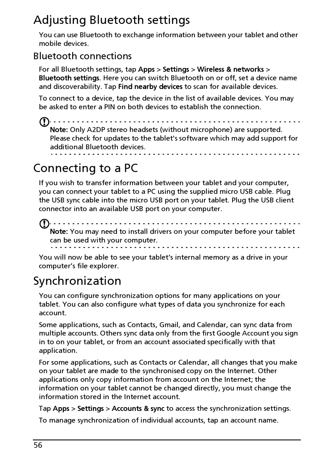 Acer HT.HAPAA.001, A100 manual Adjusting Bluetooth settings, Connecting to a PC, Synchronization, Bluetooth connections 