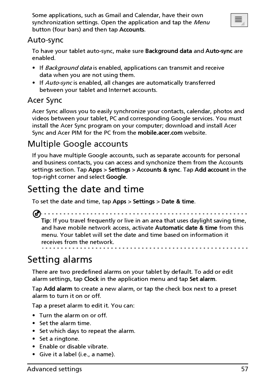 Acer HT.HAAAA.002, A100 manual Setting the date and time, Setting alarms, Multiple Google accounts, Auto-sync, Acer Sync 