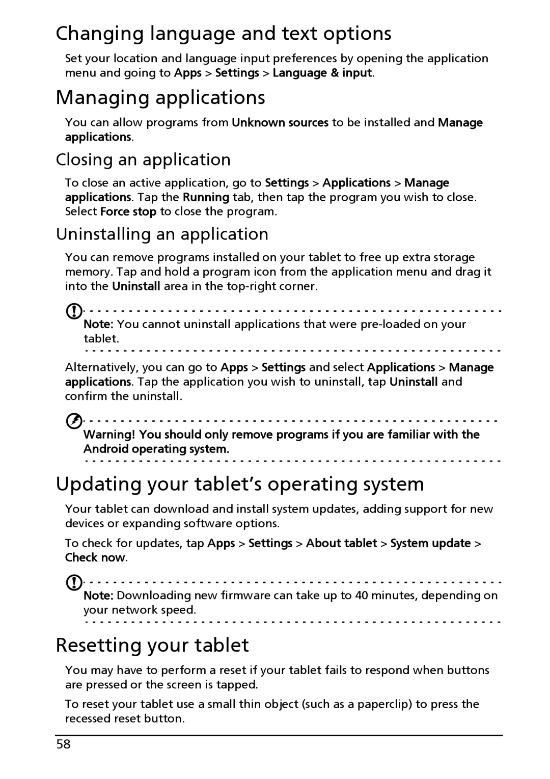 Acer A100, HT.HAPAA.001 Changing language and text options, Managing applications, Updating your tablet’s operating system 