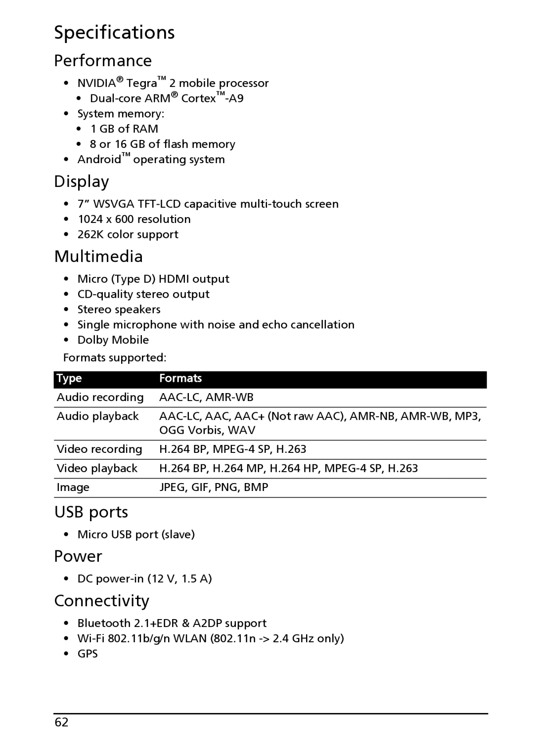 Acer HT.HAPAA.001, A100, HT.HAAAA.002 manual Specifications 