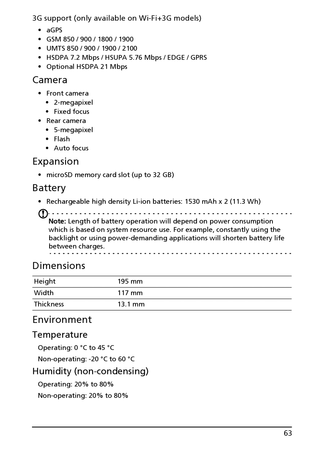 Acer HT.HAAAA.002, A100, HT.HAPAA.001 manual Camera, Expansion, Battery, Dimensions, Environment 