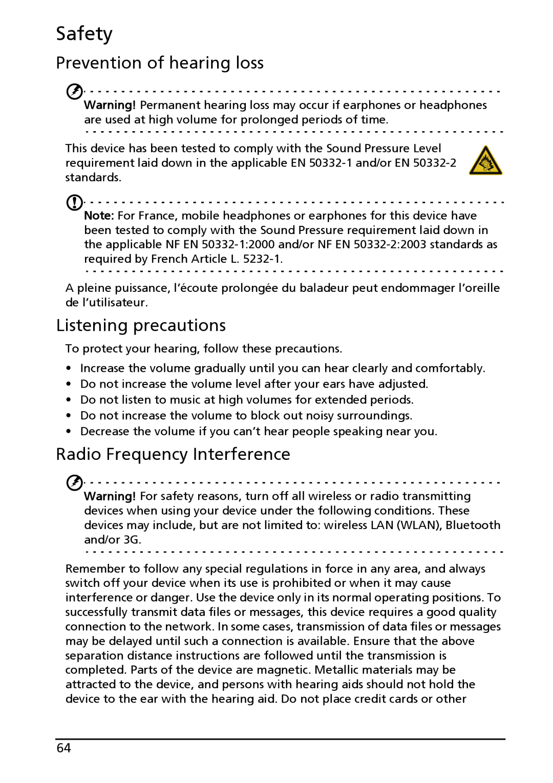 Acer A100, HT.HAPAA.001 manual Safety, Prevention of hearing loss, Listening precautions, Radio Frequency Interference 