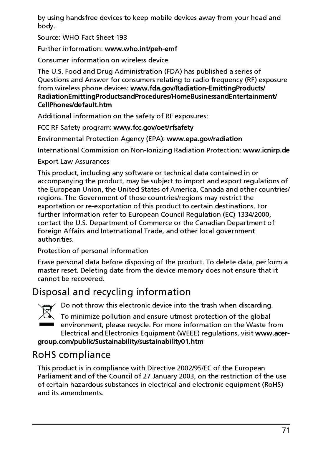 Acer HT.HAPAA.001, A100, HT.HAAAA.002 manual Disposal and recycling information, RoHS compliance 