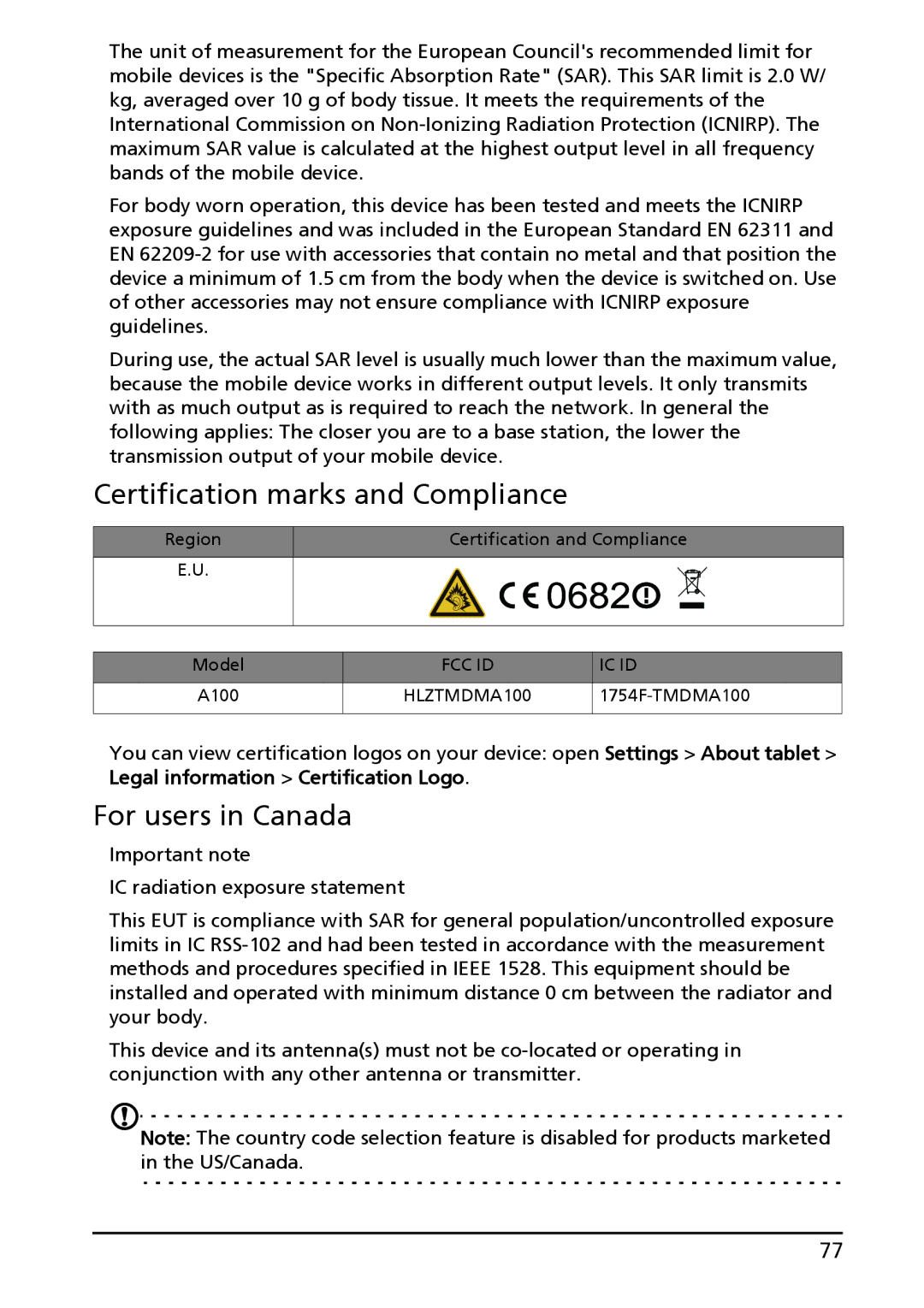 Acer HT.HAPAA.001, A100, HT.HAAAA.002 manual Certification marks and Compliance, For users in Canada 