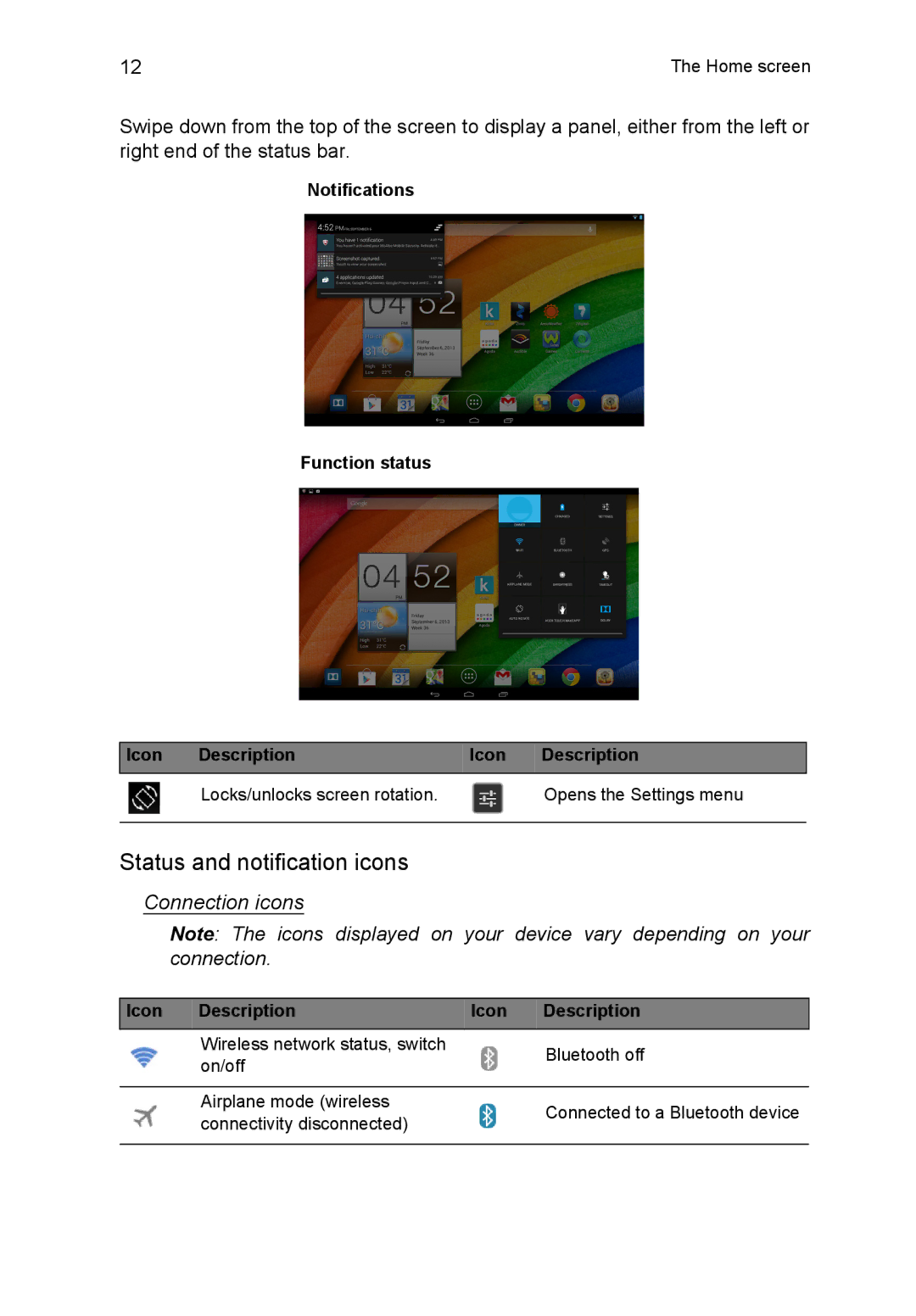 Acer A3A10L849 manual Status and notification icons, Connection icons 