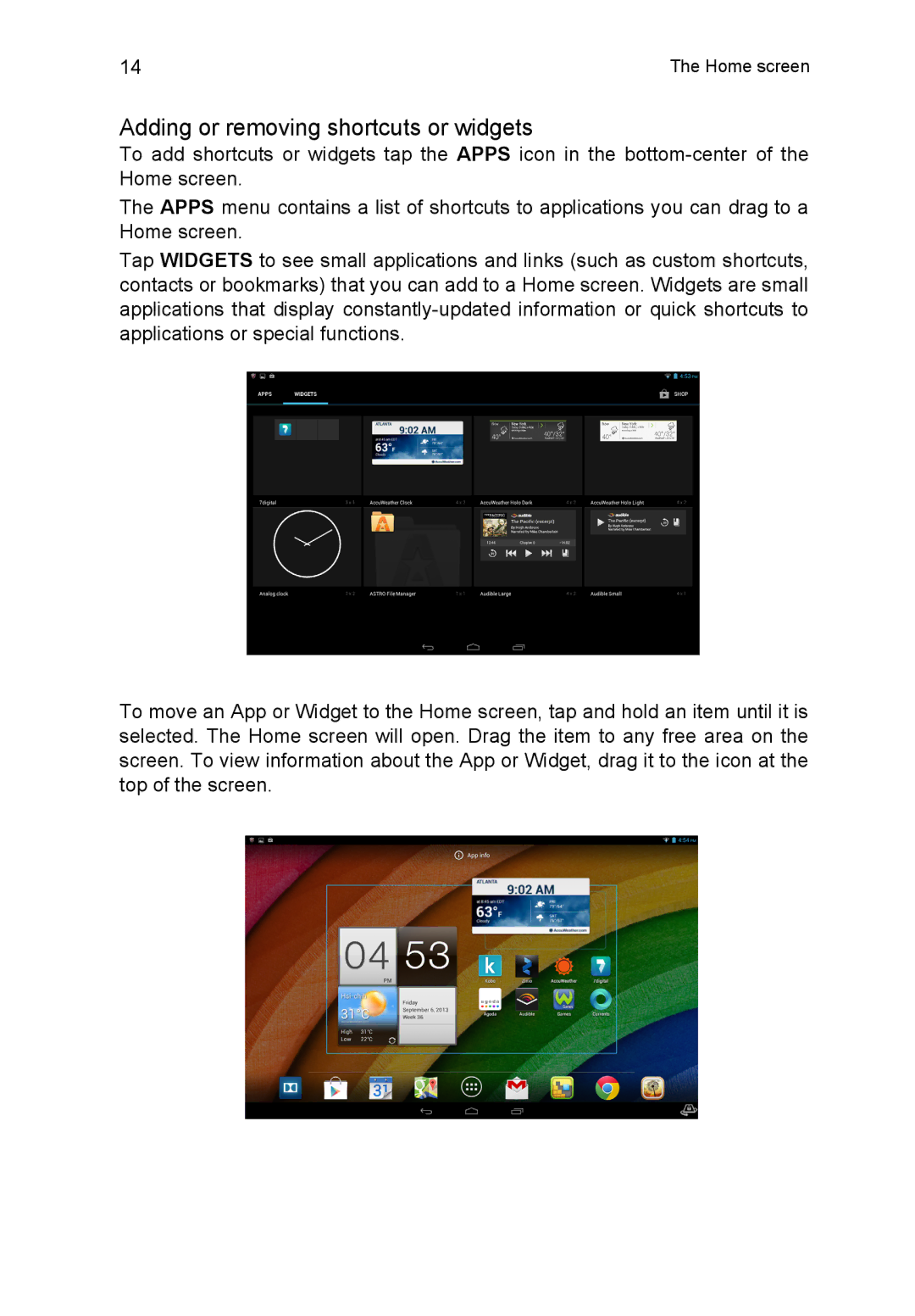 Acer A3A10L849 manual Adding or removing shortcuts or widgets 