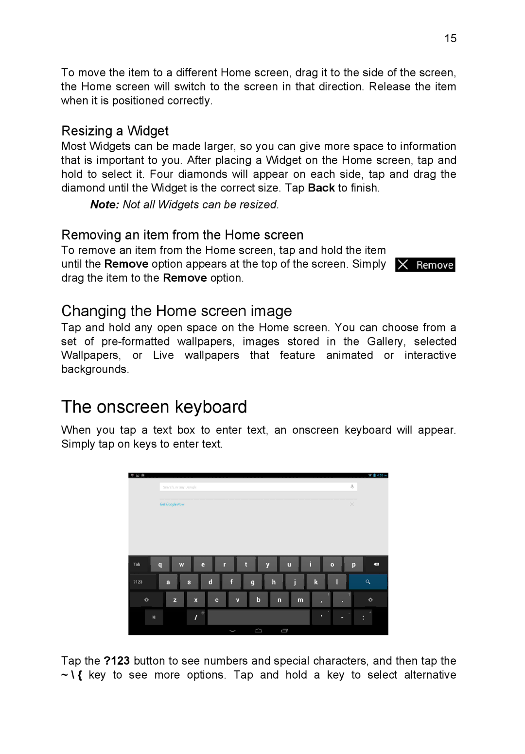 Acer A3A10L849 Onscreen keyboard, Changing the Home screen image, Resizing a Widget, Removing an item from the Home screen 