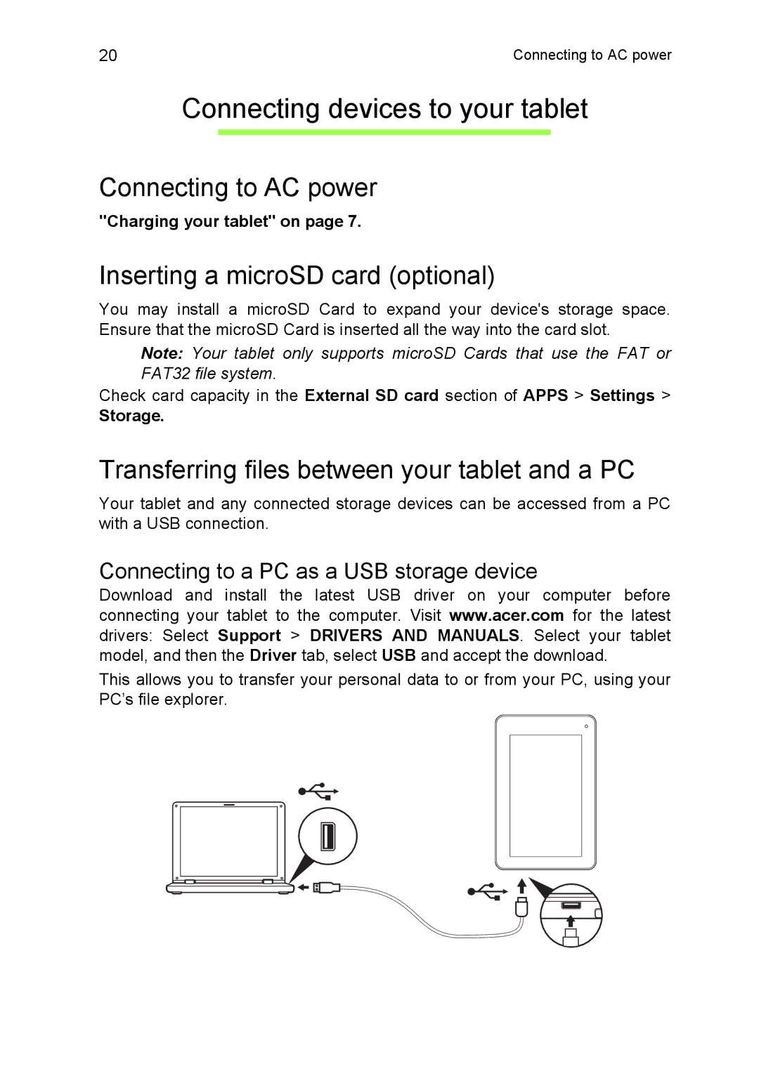 Acer A3A10L849 manual Connecting devices to your tablet, Connecting to AC power, Inserting a microSD card optional 