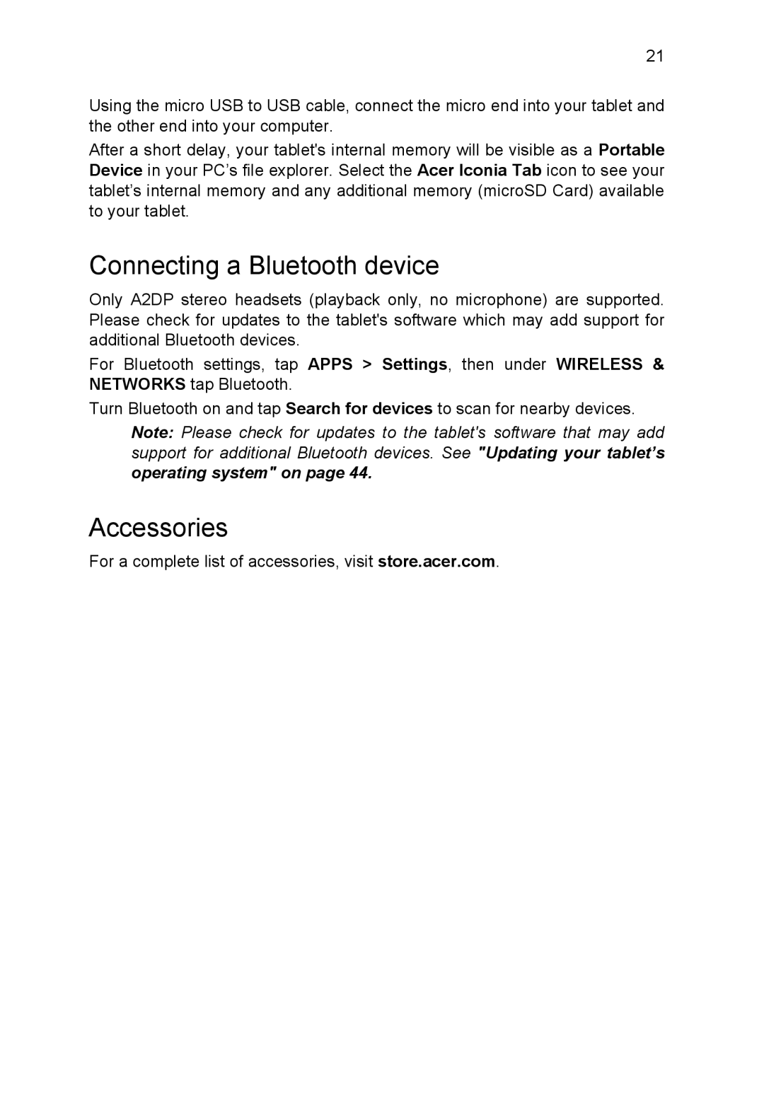 Acer A3A10L849 manual Connecting a Bluetooth device, Accessories 