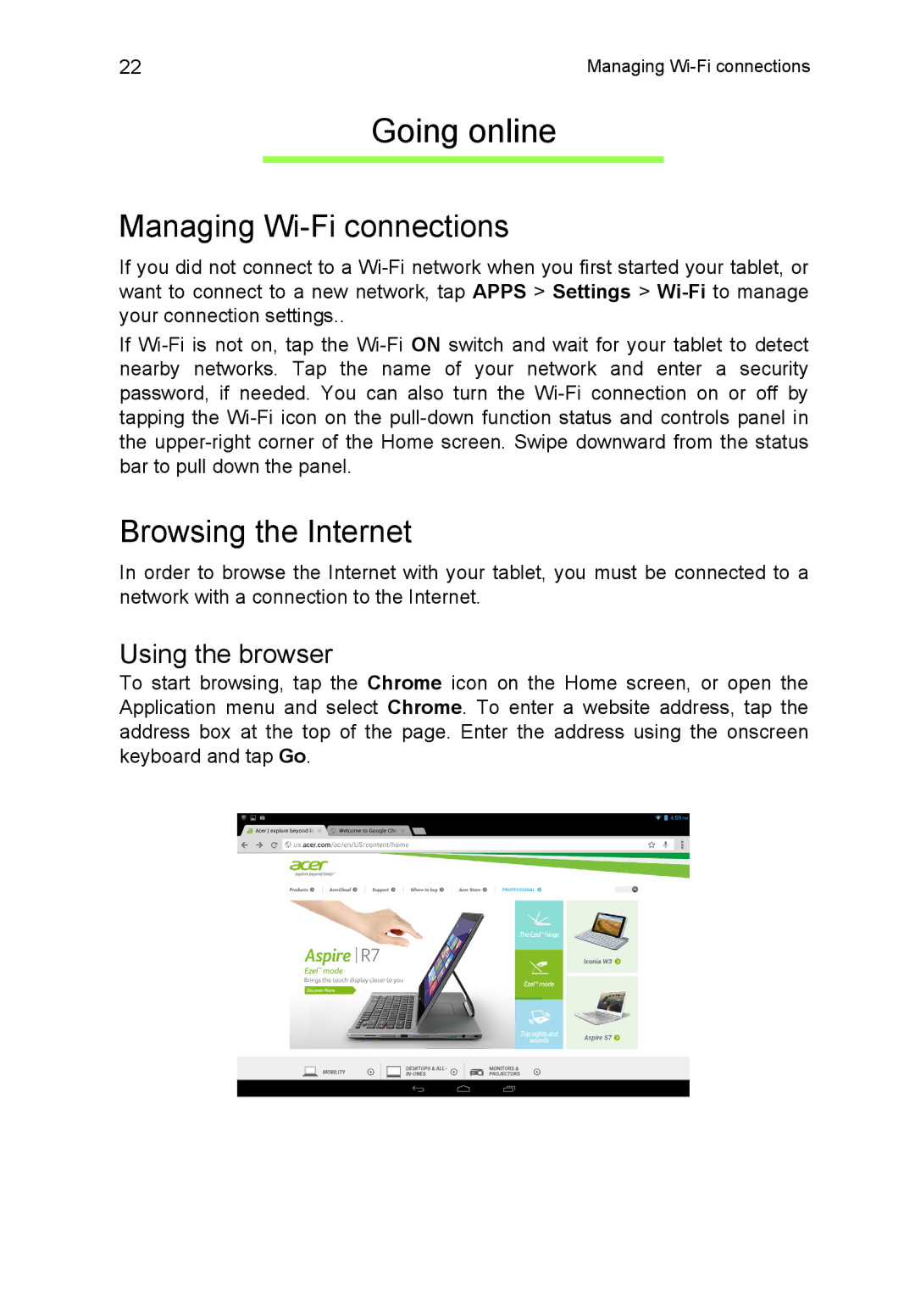 Acer A3A10L849 manual Going online, Managing Wi-Fi connections, Browsing the Internet, Using the browser 