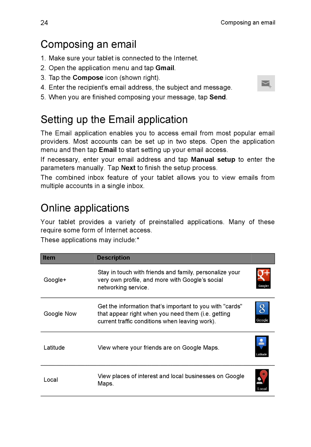 Acer A3A10L849 manual Composing an email, Setting up the Email application, Online applications 