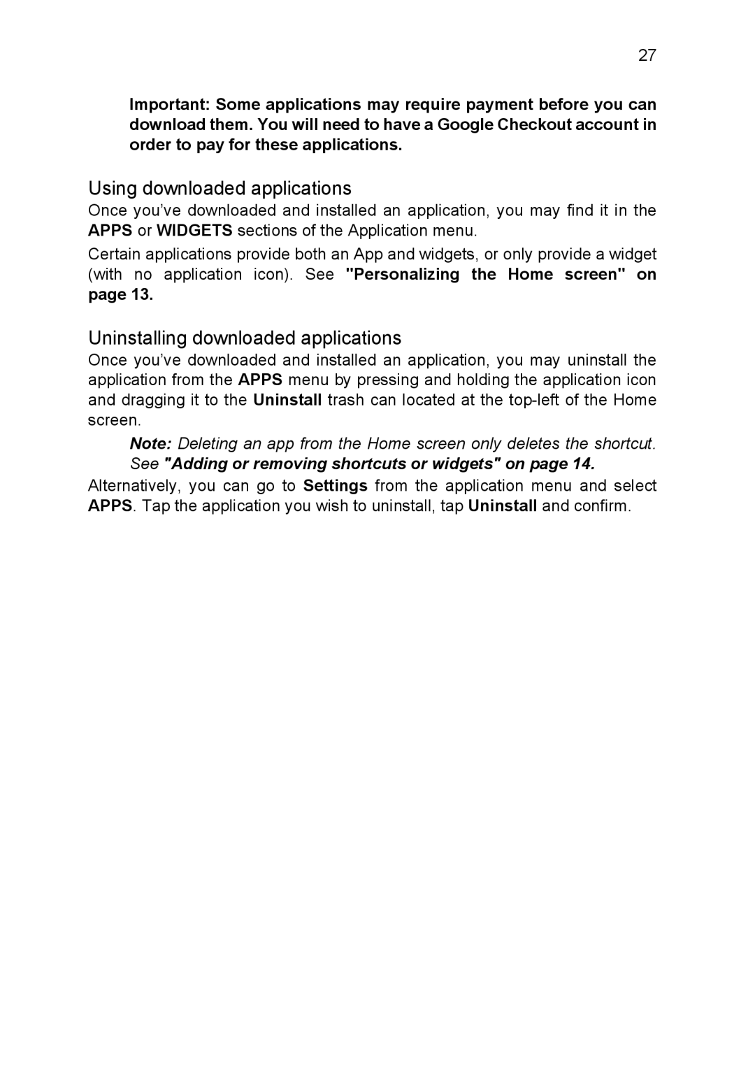 Acer A3A10L849 manual Using downloaded applications, Uninstalling downloaded applications 