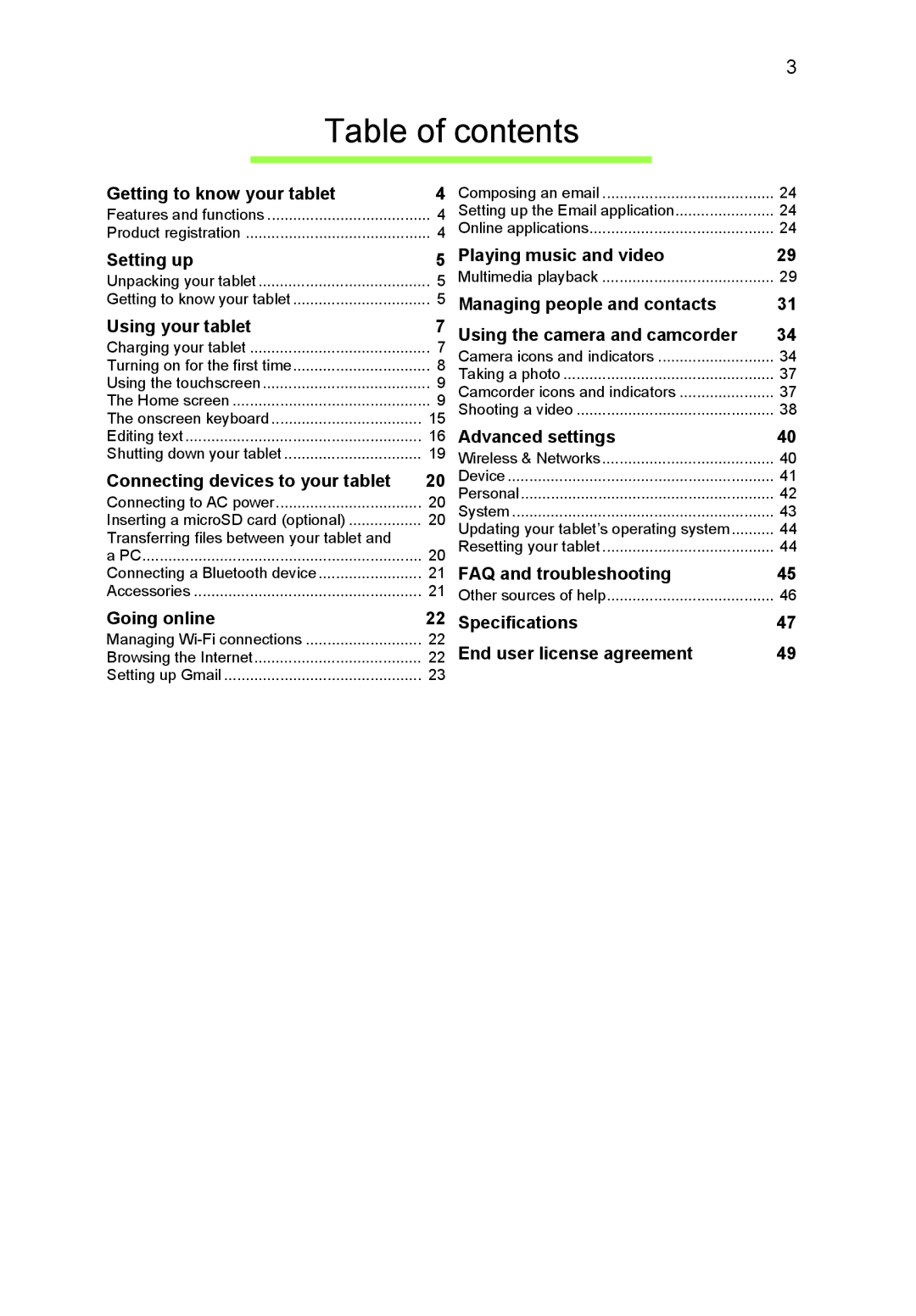 Acer A3A10L849 manual Table of contents 