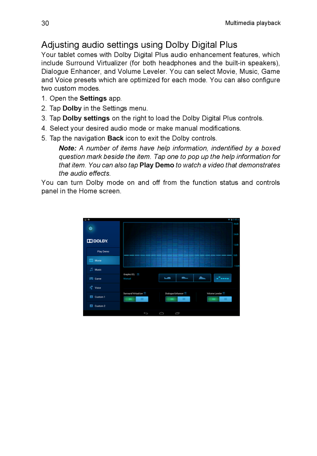 Acer A3A10L849 manual Adjusting audio settings using Dolby Digital Plus 