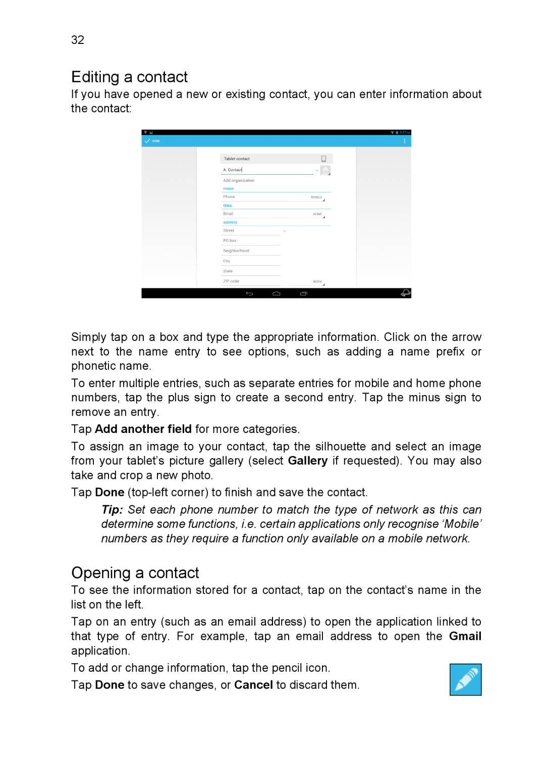 Acer A3A10L849 manual Editing a contact, Opening a contact 