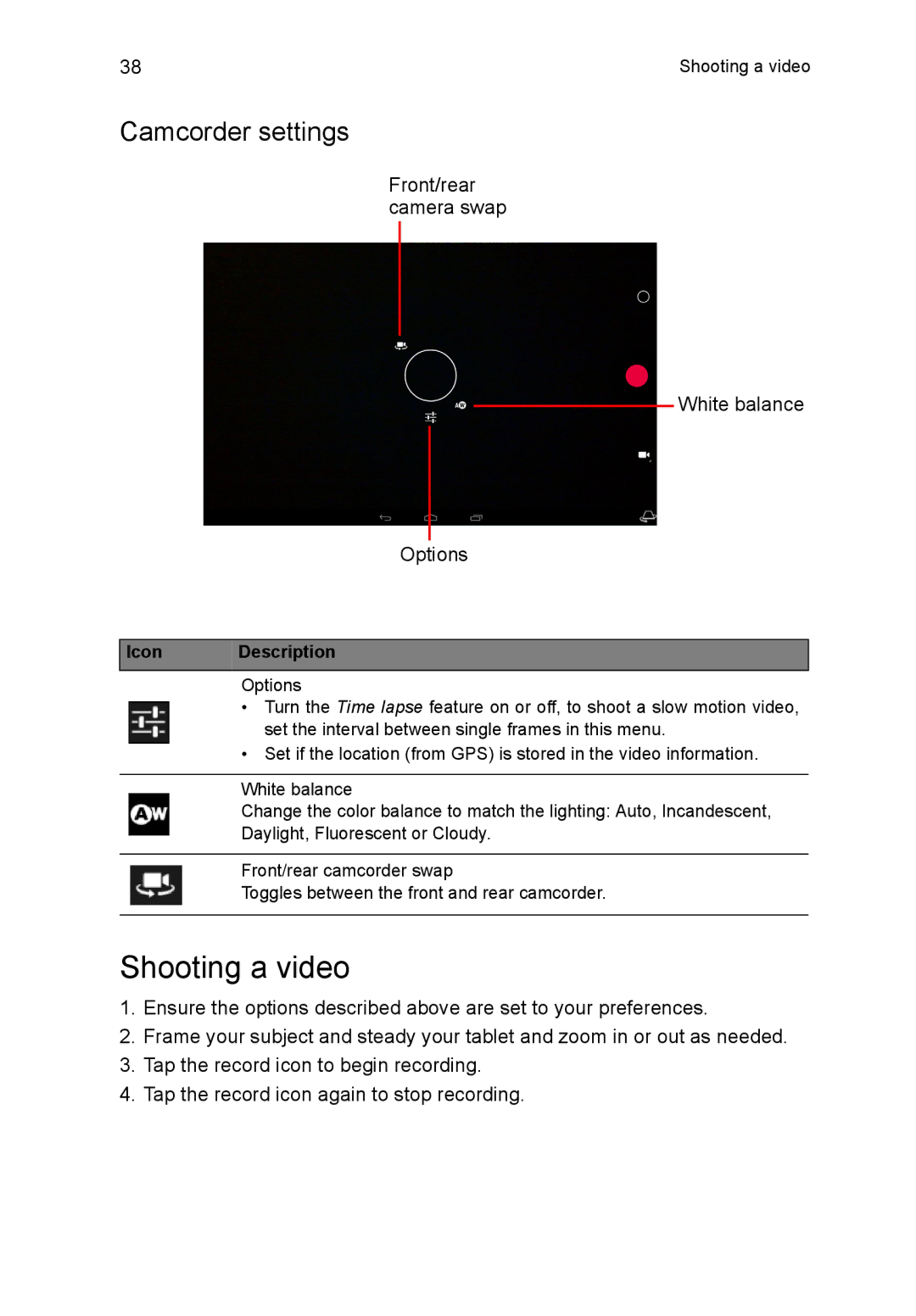 Acer A3A10L849 manual Shooting a video, Camcorder settings 