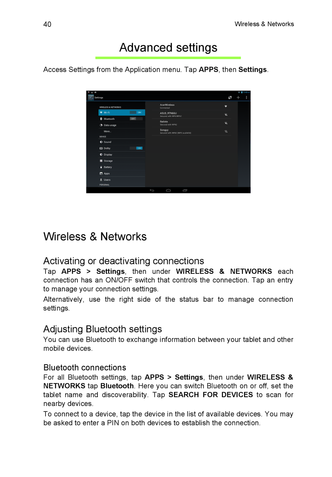 Acer A3A10L849 manual Advanced settings, Wireless & Networks, Activating or deactivating connections, Bluetooth connections 