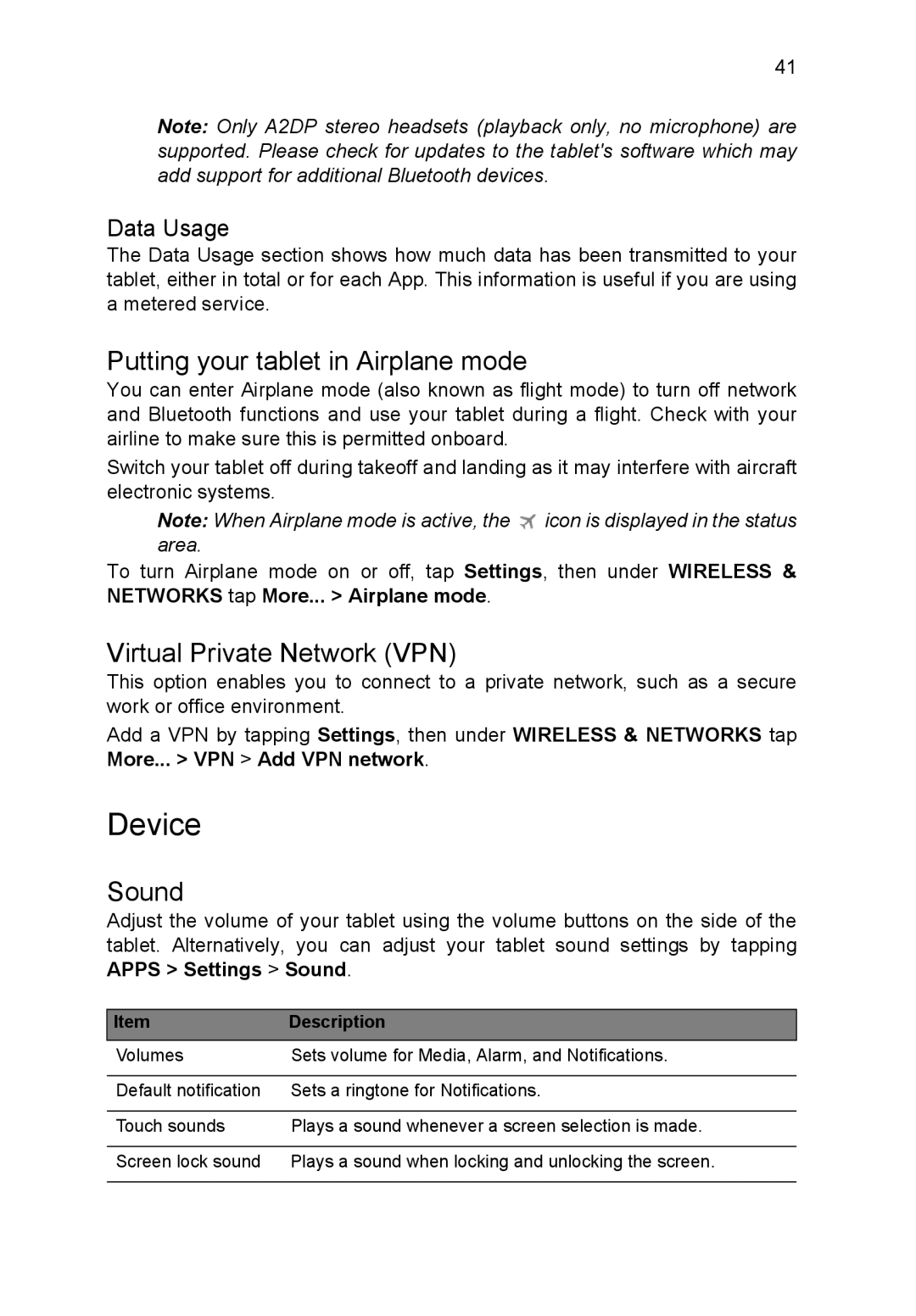 Acer A3A10L849 manual Device, Putting your tablet in Airplane mode, Virtual Private Network VPN, Sound, Data Usage 