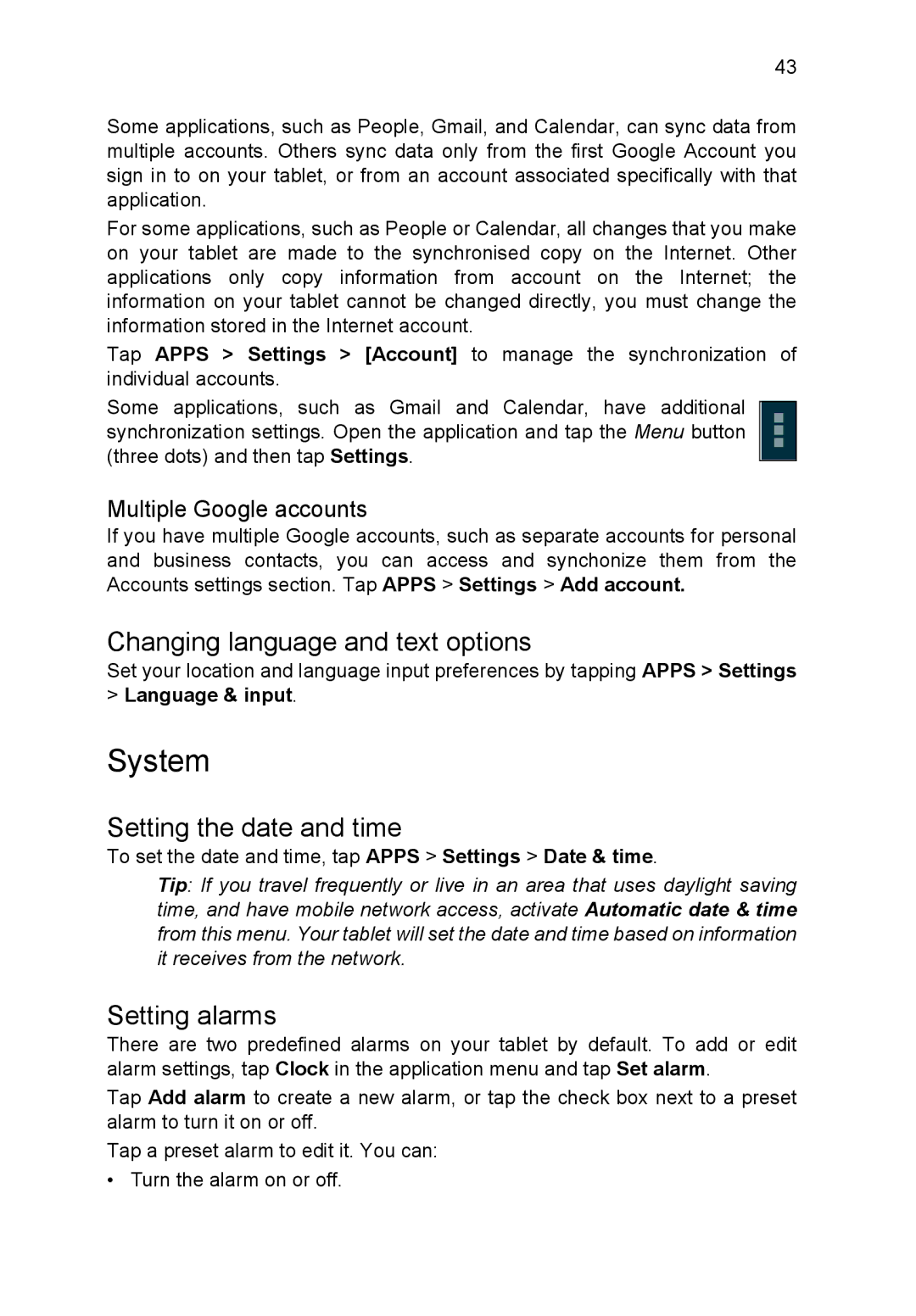 Acer A3A10L849 manual System, Changing language and text options, Setting the date and time, Setting alarms 