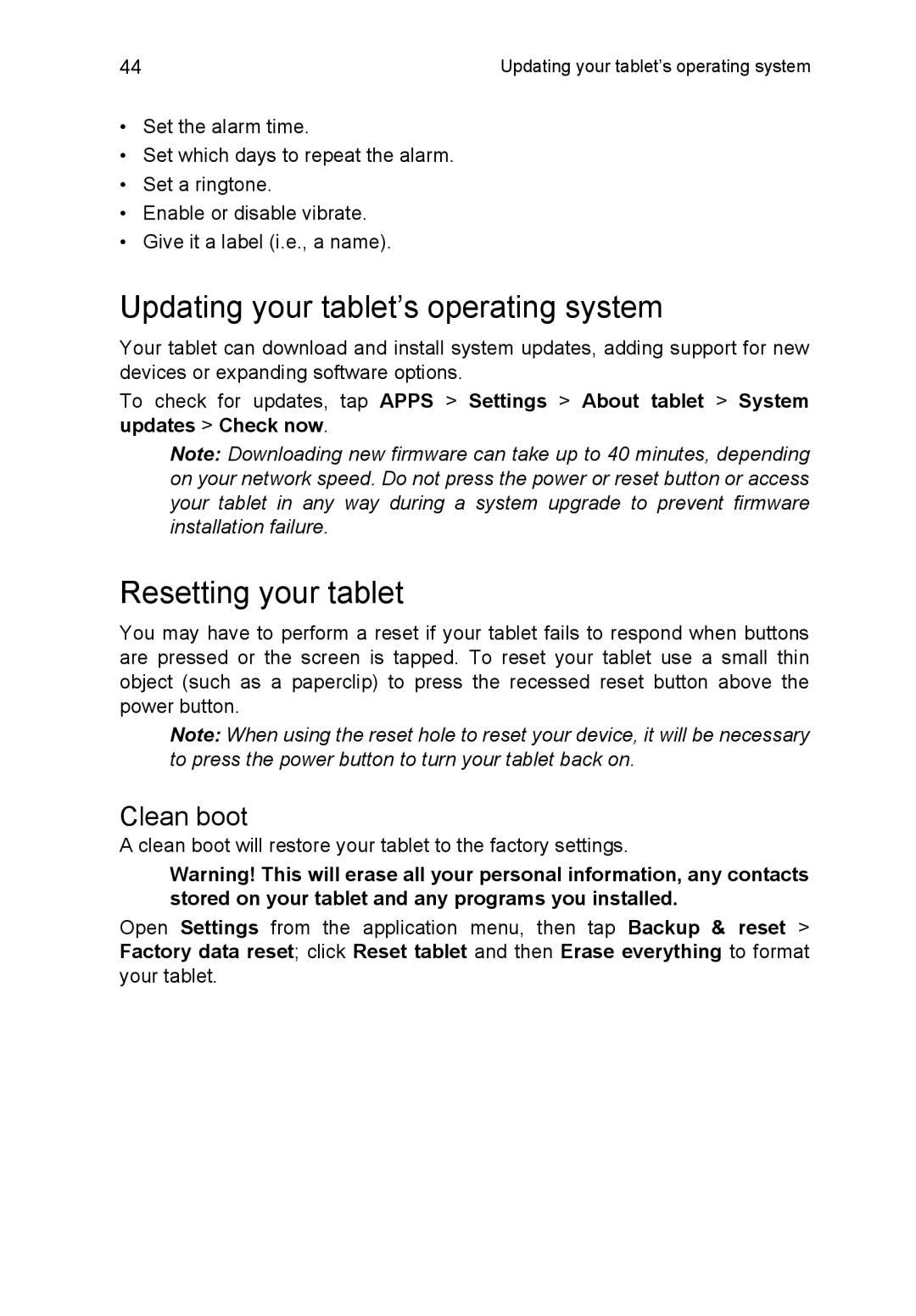 Acer A3A10L849 manual Updating your tablet’s operating system, Resetting your tablet, Clean boot 