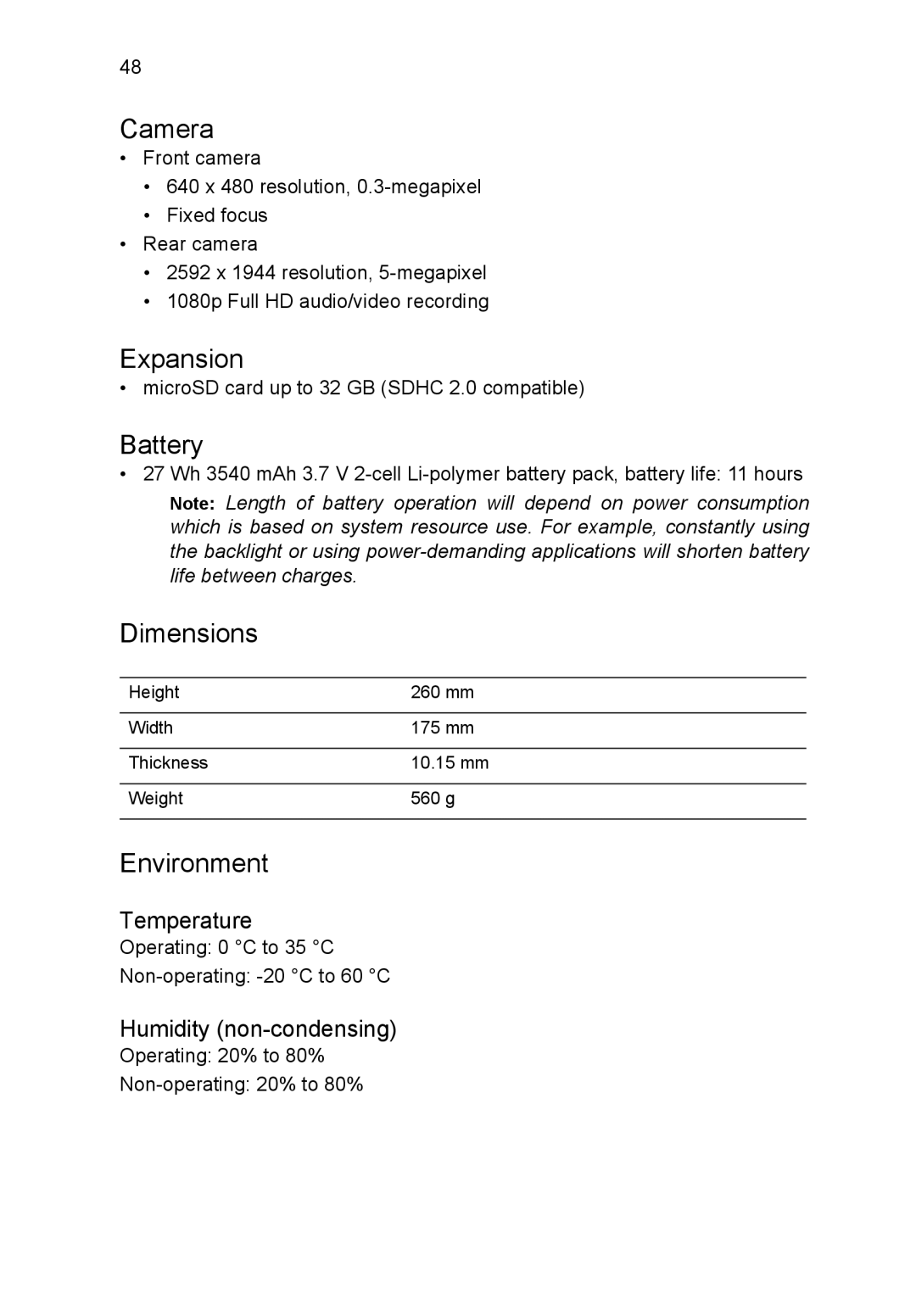 Acer A3A10L849 manual Camera, Expansion, Battery, Dimensions, Environment 