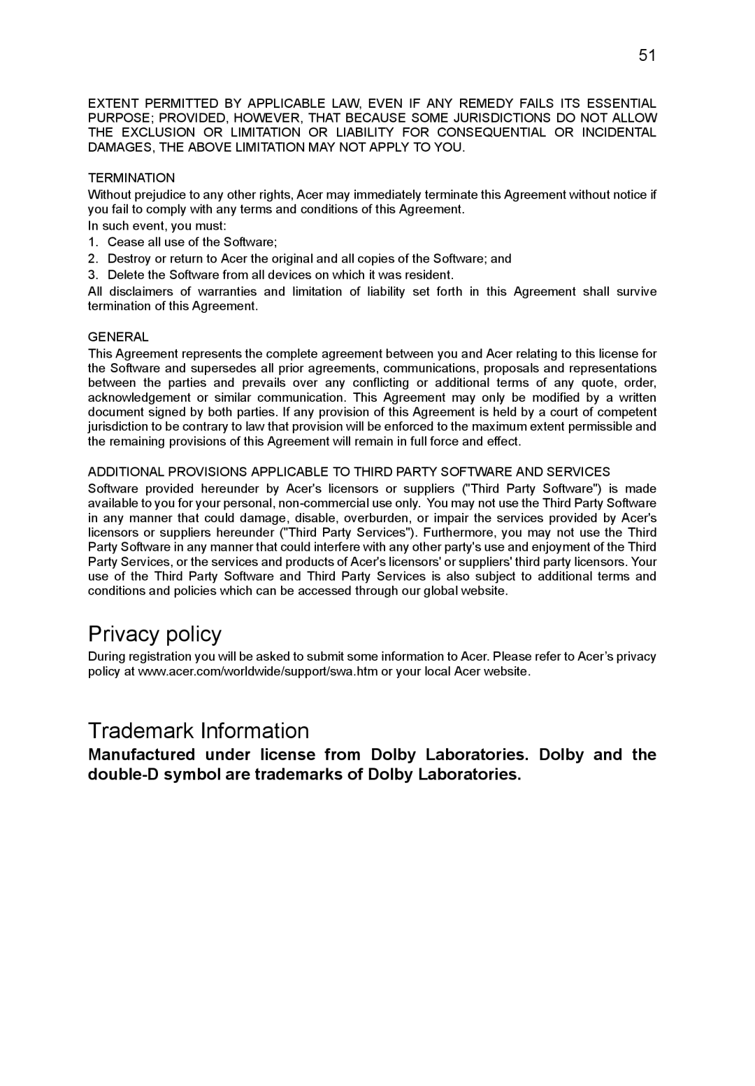 Acer A3A10L849 manual Privacy policy Trademark Information, General 