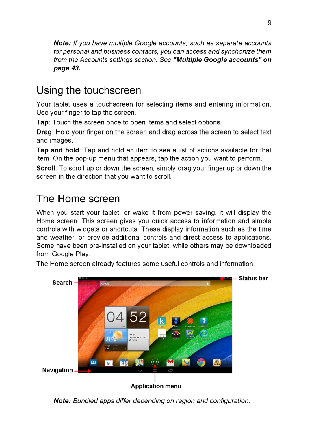 Acer A3A10L849 manual Using the touchscreen, Home screen 