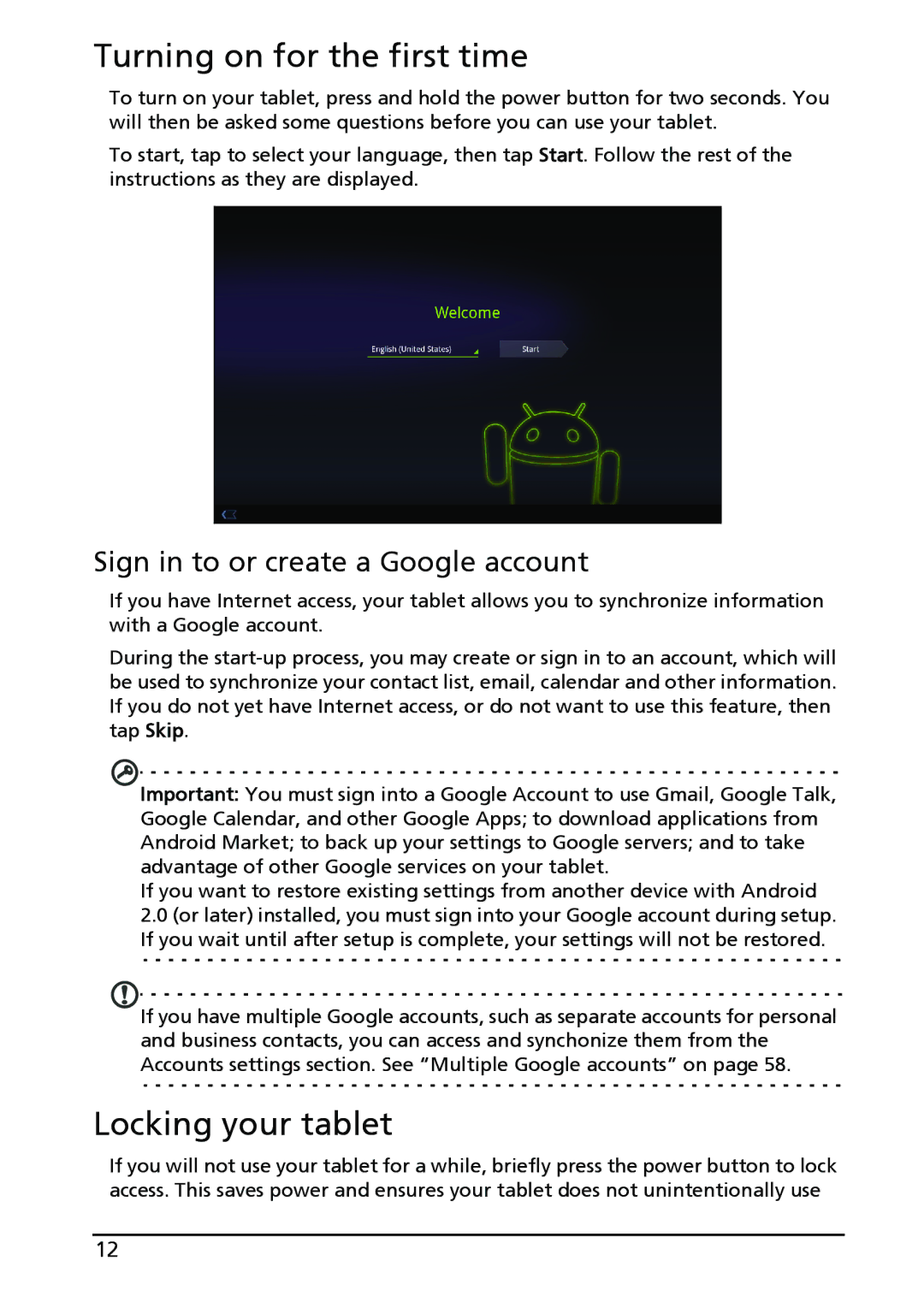 Acer A500-10S16U, XE.H60PN.006 Turning on for the first time, Locking your tablet, Sign in to or create a Google account 
