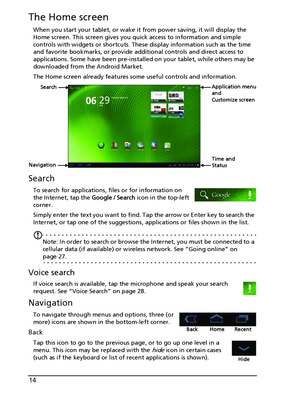 Acer A500-10S16U, XE.H60PN.006 manual Home screen, Search, Navigation, Voice search 