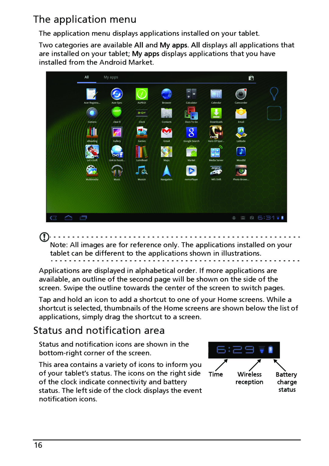 Acer A500-10S16U, XE.H60PN.006 manual Application menu, Status and notification area 