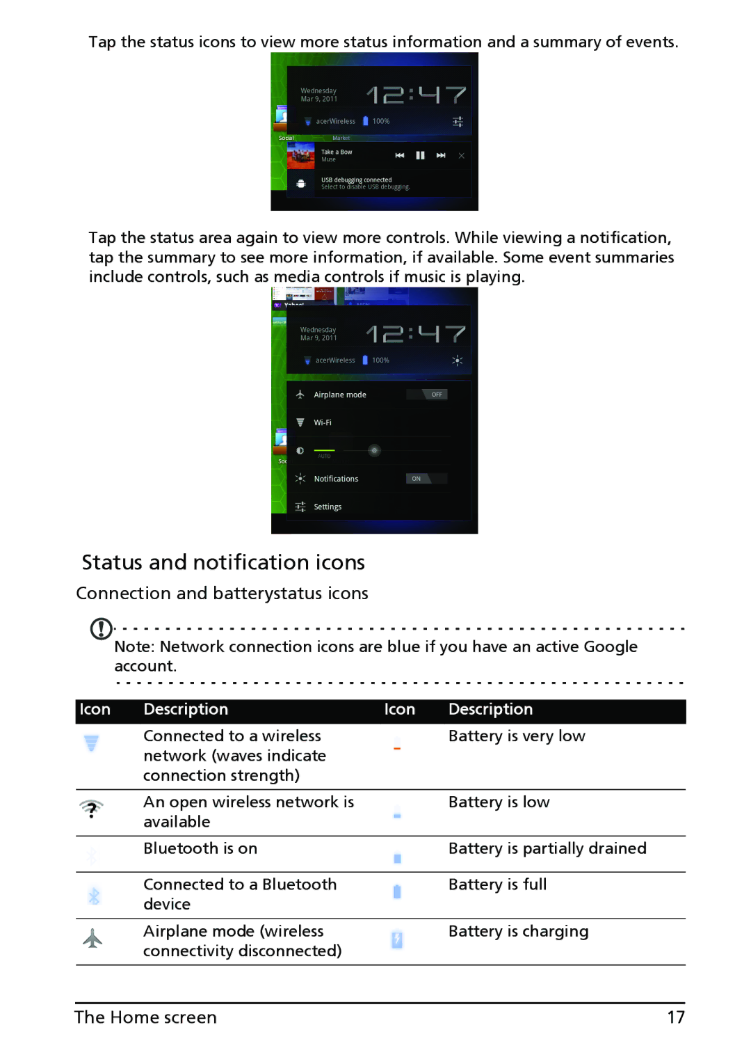 Acer XE.H60PN.006, A500-10S16U manual Status and notification icons, Connection and batterystatus icons 