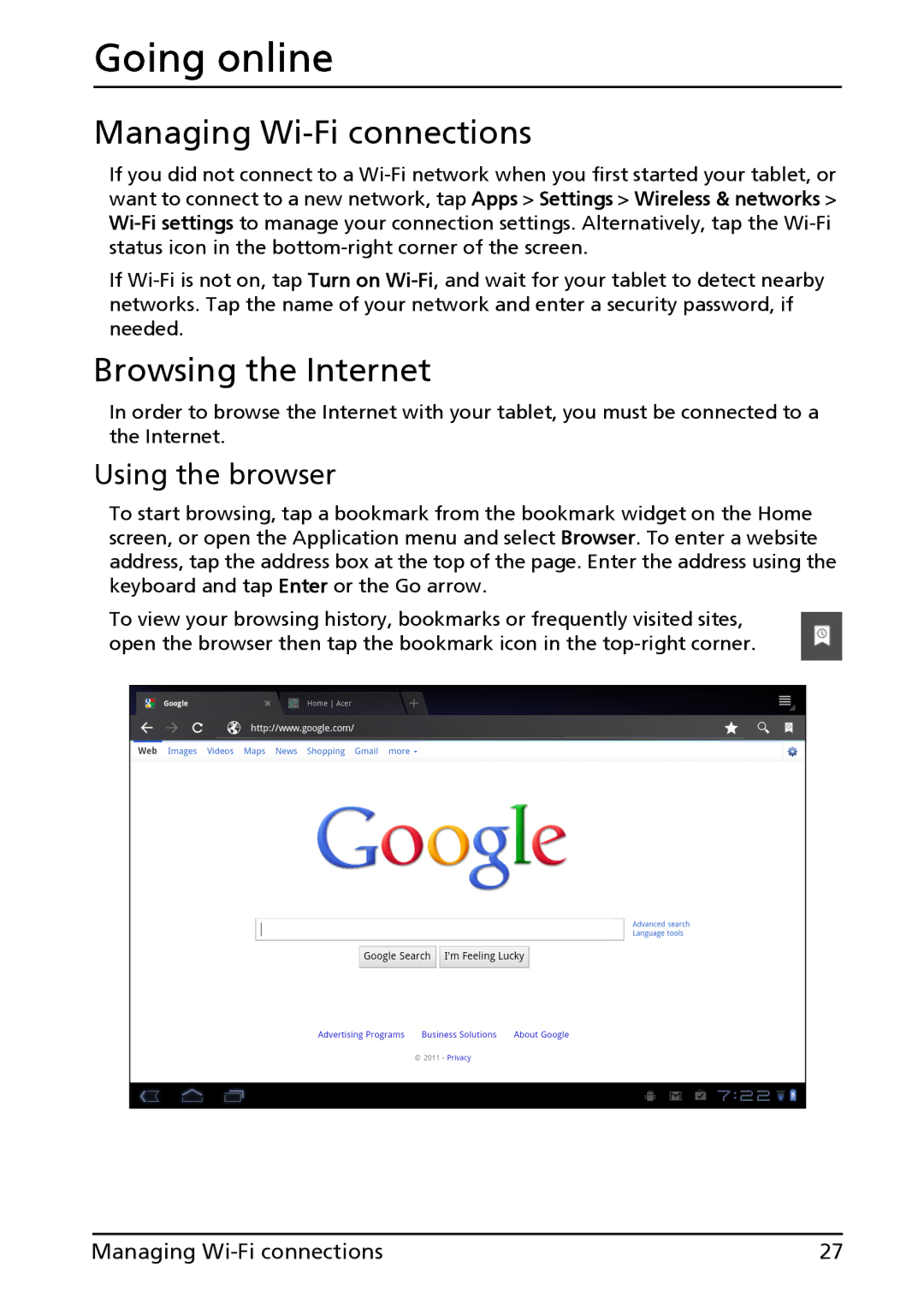 Acer XE.H60PN.006, A500-10S16U manual Going online, Managing Wi-Fi connections, Browsing the Internet, Using the browser 