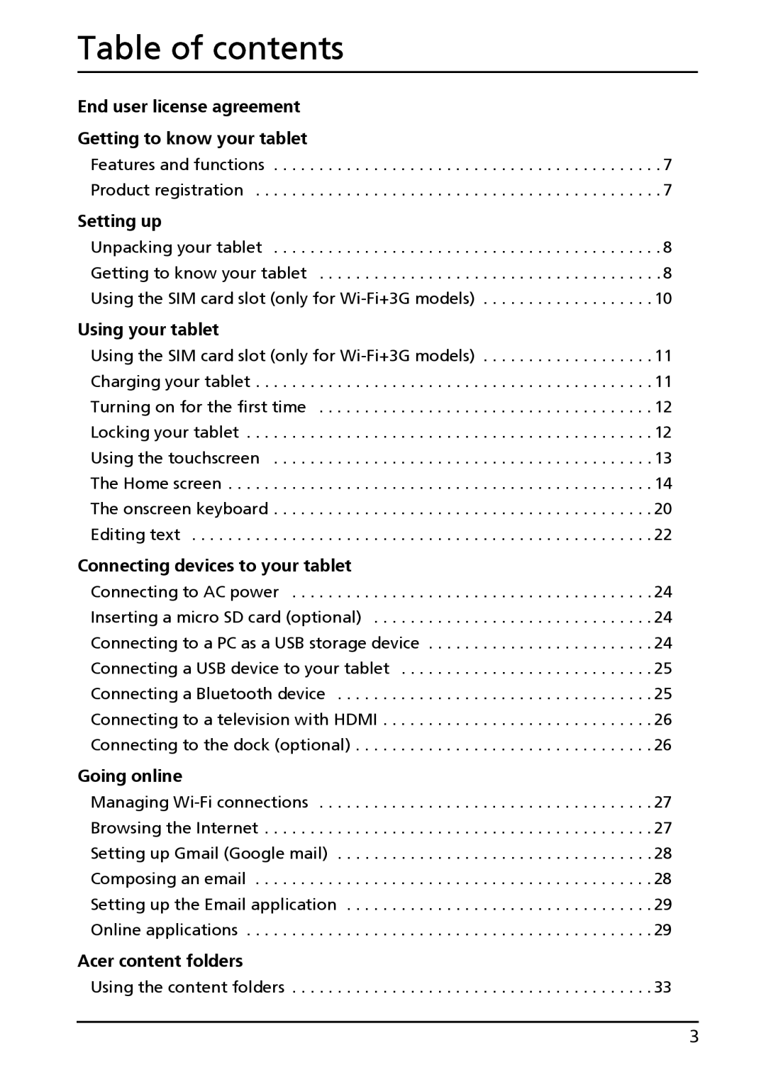 Acer XE.H60PN.006, A500-10S16U manual Table of contents 