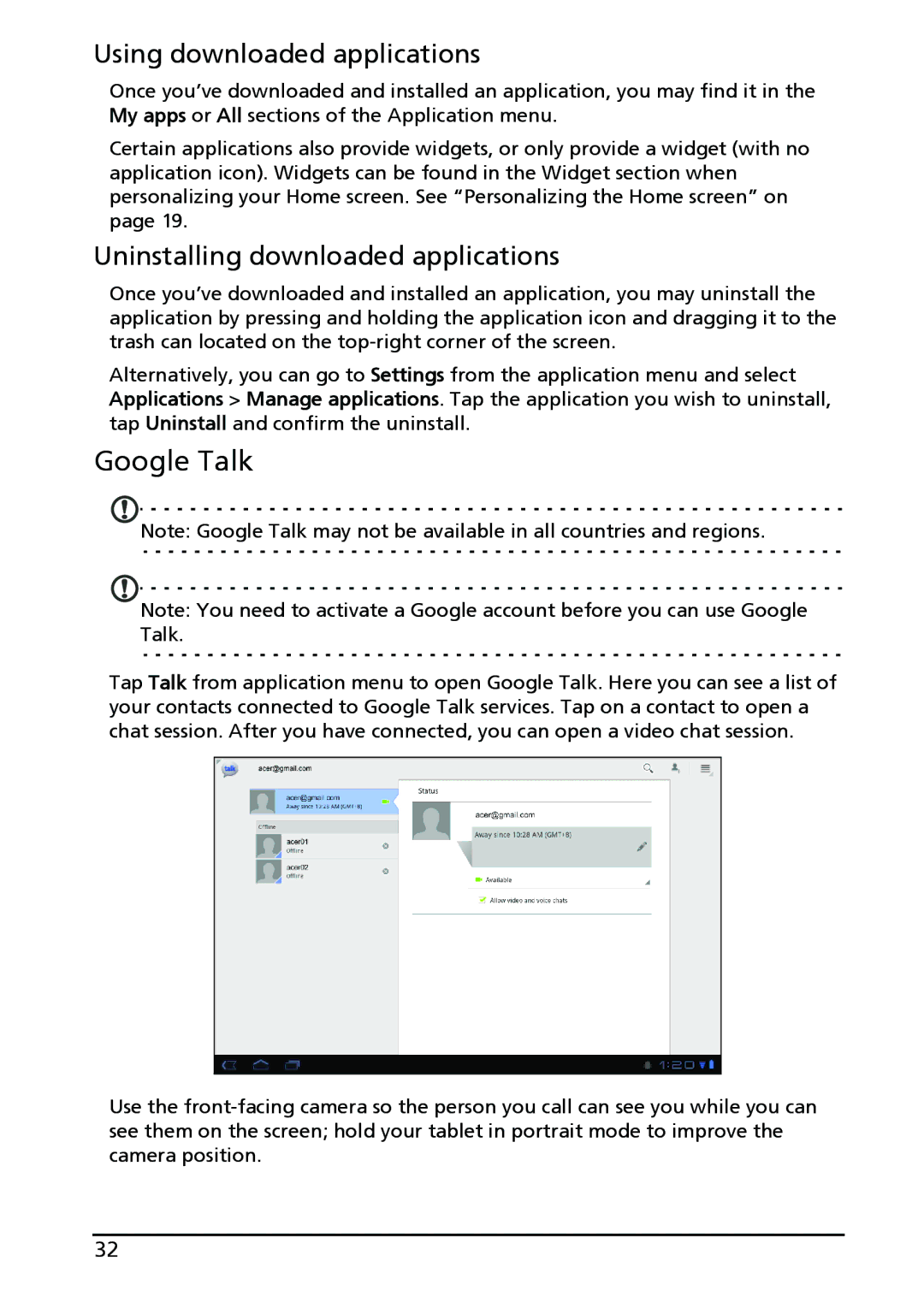 Acer A500-10S16U, XE.H60PN.006 manual Google Talk, Using downloaded applications, Uninstalling downloaded applications 