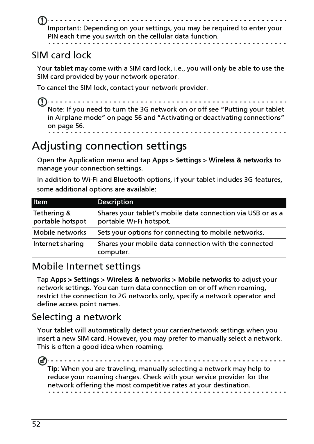 Acer A500-10S16U, XE.H60PN.006 Adjusting connection settings, SIM card lock, Mobile Internet settings, Selecting a network 