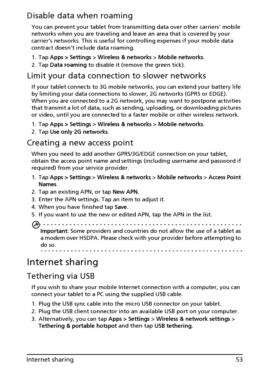 Acer XE.H60PN.006, A500-10S16U Internet sharing, Disable data when roaming, Limit your data connection to slower networks 