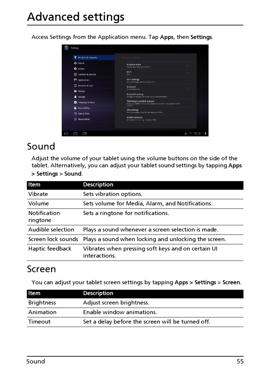 Acer XE.H60PN.006, A500-10S16U manual Advanced settings, Sound, Screen 