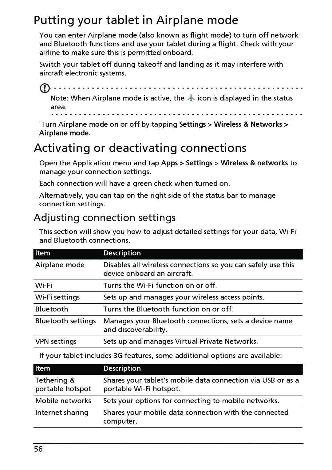 Acer A500-10S16U, XE.H60PN.006 manual Putting your tablet in Airplane mode, Activating or deactivating connections 