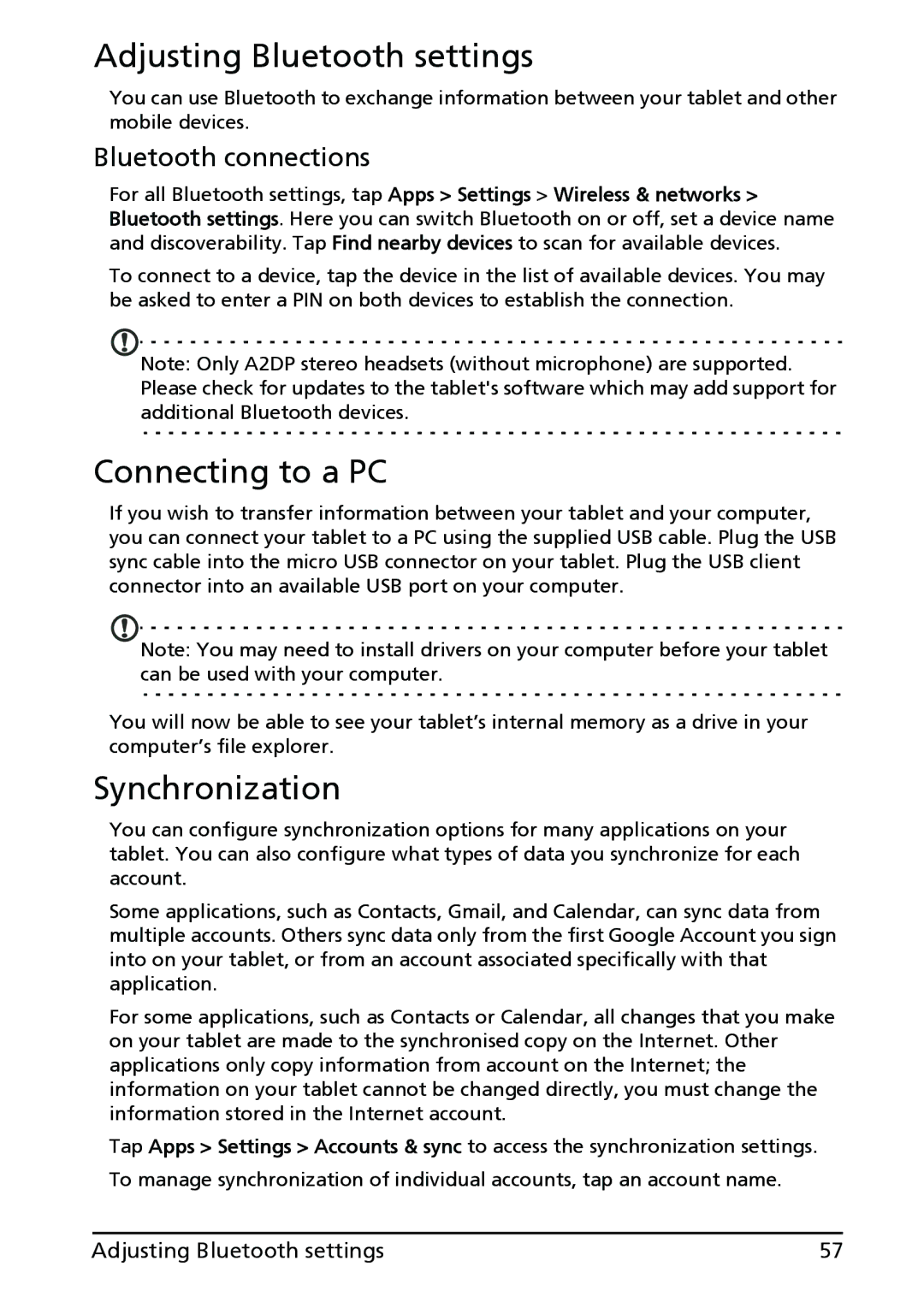 Acer XE.H60PN.006, A500-10S16U Adjusting Bluetooth settings, Connecting to a PC, Synchronization, Bluetooth connections 