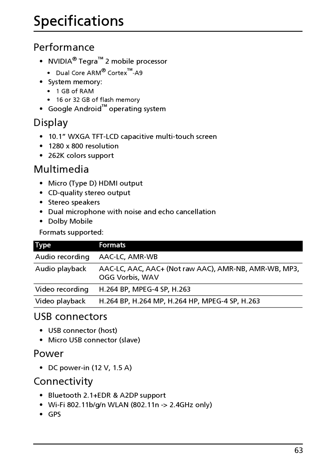 Acer XE.H60PN.006, A500-10S16U manual Specifications 