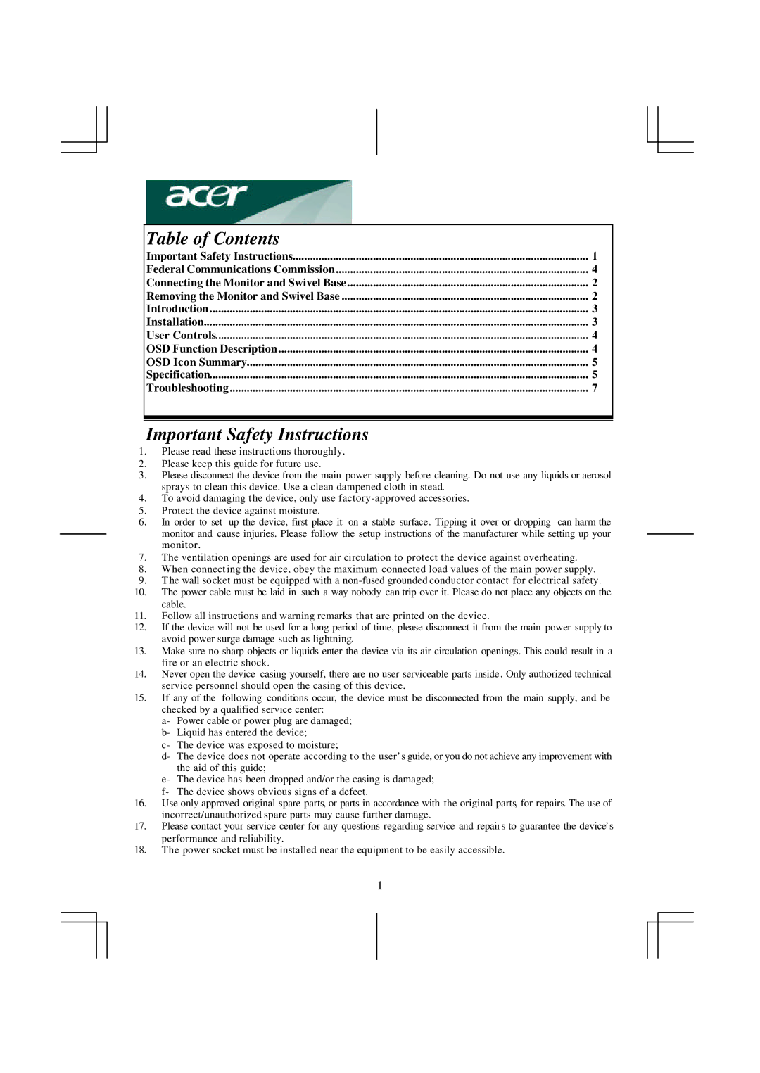 Acer AC 711 important safety instructions Table of Contents, Important Safety Instructions 