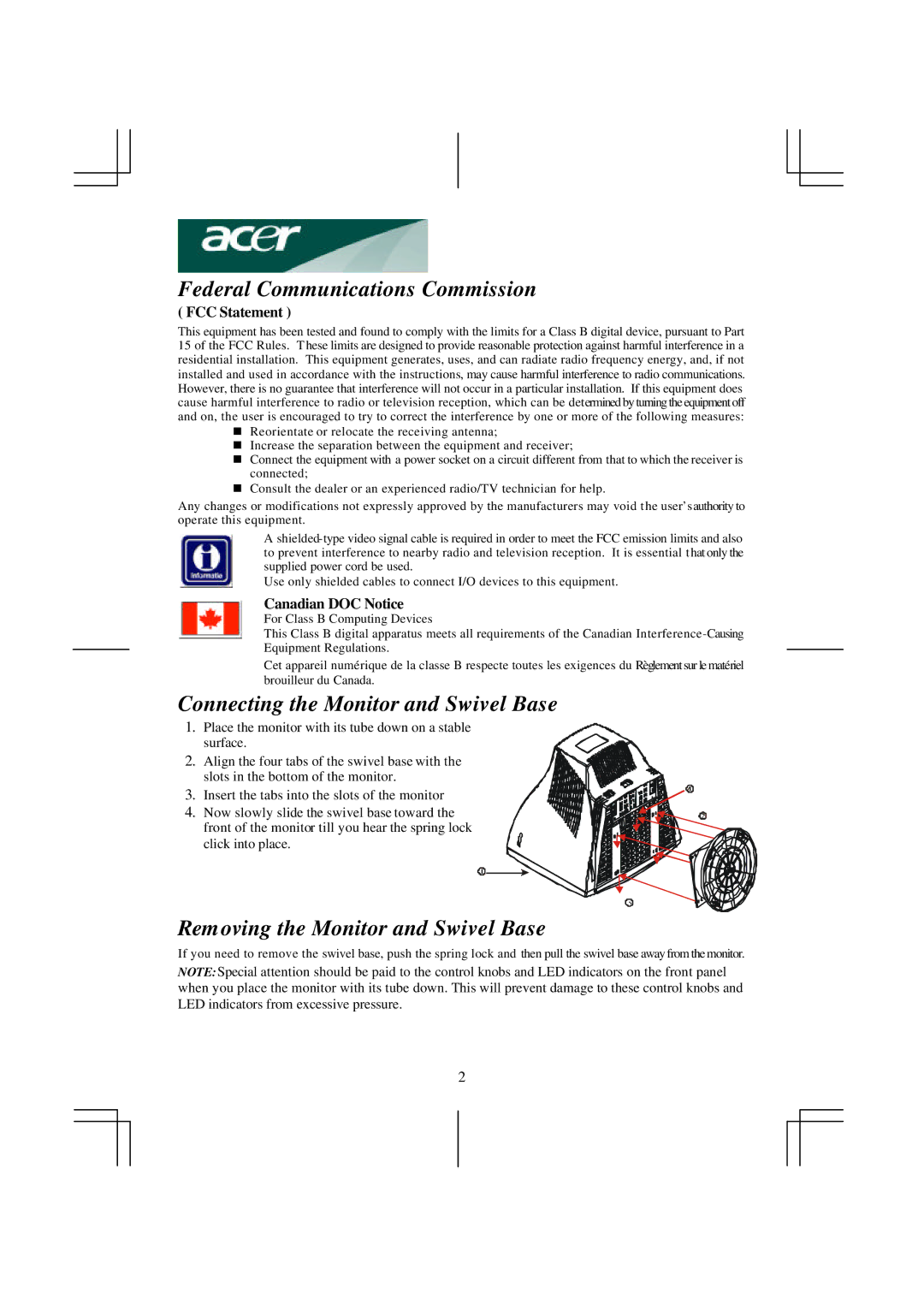 Acer AC 711 Federal Communications Commission, Connecting the Monitor and Swivel Base, FCC Statement, Canadian DOC Notice 